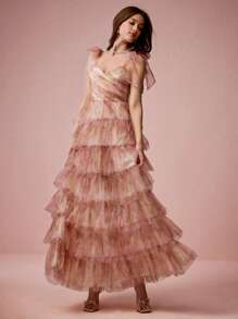 Enchnt Spring/Summer Romantic Women's Soft Pink Bowknot Multi-Tiered Ruffle Princess Maxi Cake Dress,Sweet&Elegant For Birthday&Holiday Party&Wedding Season&Sweet Date &Prom&Garden Parties&Vacation