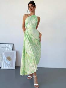 Firerie 新品女装夏季休闲假日浪漫优雅约会不对称扎染印花腰部镂空荷叶边下摆单肩连衣裙 - 綠色 - 查看 4