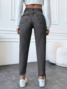 SHEIN Cottnline سروال جينز نسائي من القطن 100% مهترئ مع حافة متشققة - رمادي - مشاهدة 2