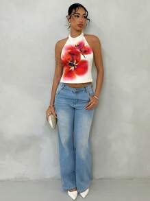 Glamine Vacation Style Floral Print Sexy Backless Halter Crop Top, Spring/Summer, Easter,Graduation, Country Concert,Club,Halter Top,Vacation - Apricot - View 6