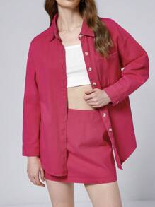 Aveloria Affinna 2 pezzi/set Camicia con colletto a risvolto e gonna casual stile jeans effetto rosa rosso, stile Y2K, versatile, manica lunga, per strada