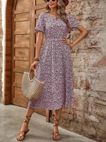 EMERY ROSE Simple Geometric Ditsy Floral Cinched Waist Dress Maxi Women Outfit - Hot Pink - View 5