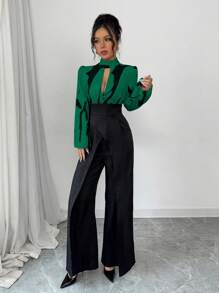 Chiquease 女士 V 领长袖裹身拼接数码印花连体裤 - 軍綠色 - 查看 4