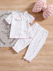 Infant & Toddler Girl's Colorful Dotted Lace Trim Ruffles Bunny Design Knit Top And Shorts 2Pcs Pajamas Set, Spring/Summer - Multicolor - View 1