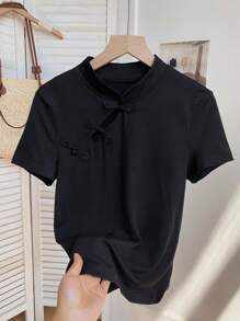 SHEIN LUNE 修身立领镂空衬衫，休闲度假优雅街头装中国风女式 T 恤