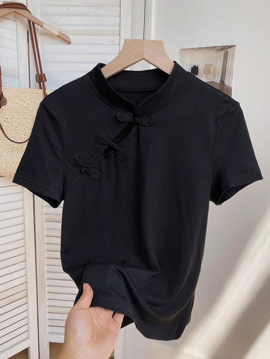 SHEIN LUNE 修身立领镂空衬衫，休闲度假优雅街头装中国风女式 T 恤