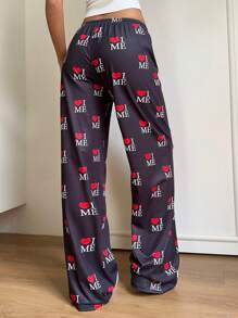 Muchica Women Heart & Letter Print Drawstring Waist Long Pants - Black - View 2
