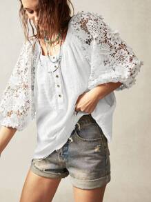Bohemela Women's White Woven Casual Blouse With Scoop Neck, Half Sleeves, And Contrast Lace Detailing - White - View 4