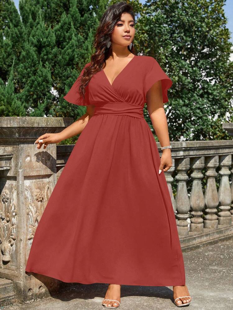 christmas maxi dress plus size Flycurvy Plus Size Christmas Purple Mesh Sparkly Sequin Deep V Neck Ruffle  Sleeve Empire Waist Tunic Maxi Dress- Flycurvy