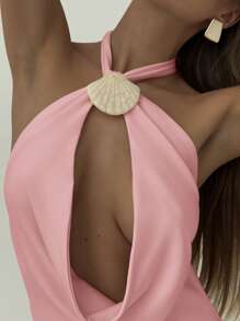 Aloruh Romantic Date, Spring/Summer Vacation Halter Hollow Out Shell Decor Bodycon Backless Dress For Ladies - Pink - View 3
