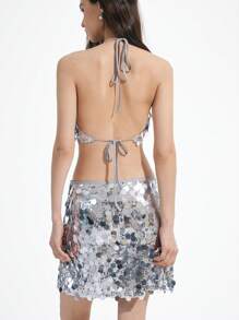 Aveloria Affinna 性感优雅派对两件套：亮片刺绣露背无袖短款上衣和低腰迷你裙，银色 - 銀色 - 查看 2