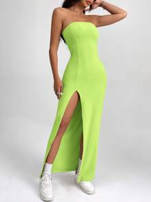 SHEIN PETITE Women's Green Midi Dress: Strapless Sleeveless Knitted Bodycon Dress With High Slit - Green - View 4