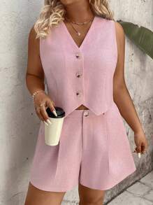 SHEIN LUNE 2pcs Sleeveless V-Neck Slim Fit Pink Plus Size Suit Sets - Pink - View 4