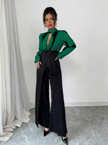 Chiquease 女士 V 领长袖裹身拼接数码印花连体裤 - 軍綠色 - 查看 3