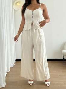 SHEIN Clasi 2 件套休闲简约夏季亚麻女式吊带背心和裤子套装 - 米色 - 查看 7