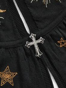 ROMWE Retro Hippie Star & Moon Embroidered Halter Back Sexy Knit Top For Women - Black - View 3