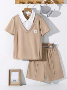 2 Stücke/Set Lässig Polokragen 2 in 1 Strick Kurzarm T-Shirt und Shorts Set für Tween Jungen, geeignet für Pendeln, Schule, alltägliche Freizeitaktivitäten, Sport, Frühling/Sommer