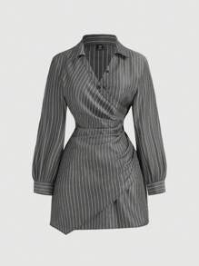 SHEIN MOD Plus Size Black White Stripe Print Cross-Wrap Ruffle Long Sleeve Women Dress,Business Women Clothes,Beach Women Outfits,New Year,Valentine Blazer Dress Women Office Dresses For Women Women Clothing Office Wear Office Clothes For Women Women Plus