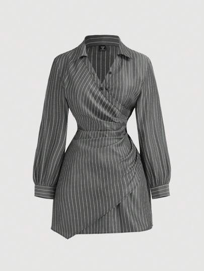 SHEIN MOD Plus Size Black White Stripe Print Cross-Wrap Volang Långärmad Damklänning,Business Dam Kläder,Beach Dam Outfits,New Year,Valentine Blazer Dress Dam Kontorsklänningar För Dam Kläder Kontorskläder Kontorskläder För Dam Dam Plus