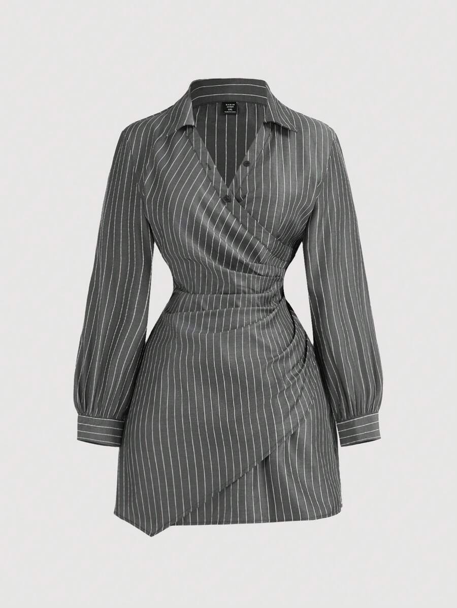 SHEIN MOD Plus Size Black White Stripe Print Cross-Wrap Ruffle Long Sleeve Women Dress,Business Women Clothes,Beach Women Outfits,New Year,Valentine Blazer Dress Women Office Dresses For Women Women Clothing Office Wear Office Clothes For Women Women Plus