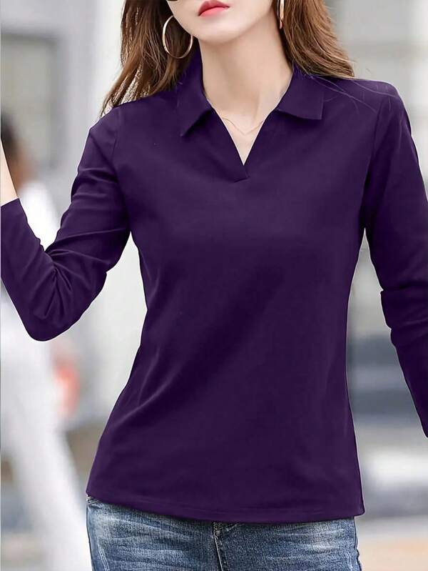 INAWLY Women's Casual Solid Color Long Sleeve T-Shirt, Commuter Wear, Spring And Autumn