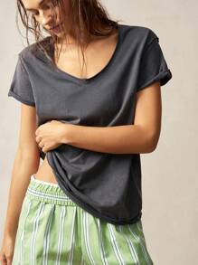 Bohemela Áo thun dệt kim cổ tròn tay ngắn màu trơn dành cho nữ - Màu xám đen - Xem 6