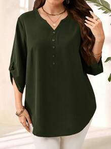 EMERY ROSE Blusa de manga 3/4 en púrpura o rojo para mujer talla grande, para principios de primavera - Verde militar - Ver 6