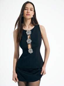 Aveloria Affinna Elegante vestido de dos piezas de cuello redondo sin mangas, cintura baja y diseño hueco con decoración floral de lentejuelas en estilo retro para mujeres