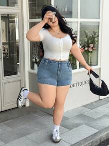 SHEIN EZwear Plus Size Fashionable Washed Slim Fit Denim Shorts For Summer