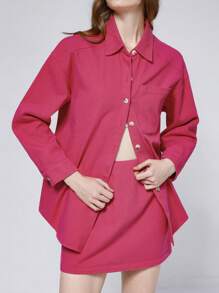 Aveloria Affinna 2 pezzi/set Camicia con colletto a risvolto e gonna casual stile jeans effetto rosa rosso, stile Y2K, versatile, manica lunga, per strada