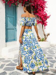 Vivid Eden Women's Summer Vacation Lemon & Blue Floral Print Off-Shoulder Top And Long Skirt 2pcs Set, Vacation Outfit,Summer Outfits For Women,Vacation Two Pieces Set,Beach Outfits For Woman