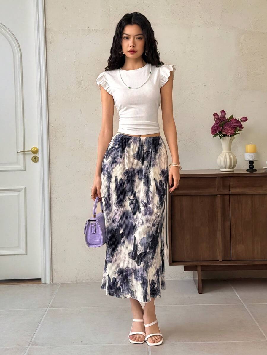 EastFlair 女士度假风格蝴蝶扎染印花弹性腰部 A 字裙 - 彩色 - 查看 1