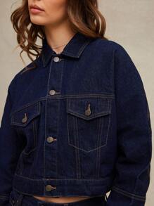 WESTFADE Collared Button Front Boxy Cropped Long Barrel Sleeve Denim Trucker Jacket Summer Country Concert - Dark Wash - View 4