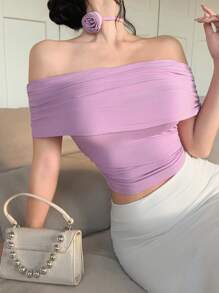 DAZY Women Solid Color V-Neck Off Shoulder Short Sleeve T-Shirt With 3D Flower Decor, Spring/Summer - Mauve Purple - View 6