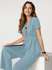 TaskEZ Solid Color V-Neck Scrub Top And Pants Scrub Uniform Set Women Tops Summer Scrub Sets For Women Nurse Scrub Sets Women Scrubs Scrub Sets Professional Clothes Women Sets - Blue - View 8