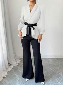 INAWLY Conjunto de 2 piezas con camisa de manga de linterna elegante para oficina y viajes, y pantalones de campana