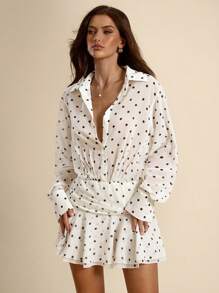 SHEIN BAE Solid White Polka Dot Long Sleeve Sheer Chiffon Dress, Vacation Dress, Chiffon Dress, White Graduation Dress, Little White Dress, Spring/Summer,Polka Dot Dress