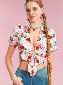 Strawberry Shortcake X SHEIN 女士夏季白色可爱甜美波尔卡圆点和草莓印花前结蝴蝶结短款衬衫度假 Y2K 狂欢音乐会女士春季茶会衬衫