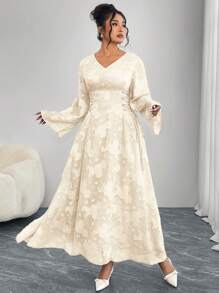 Modelyn Plus Size Elegant Solid Color Cut-Out Cross Tie Waist Flared Sleeve Dress - Apricot - View 5