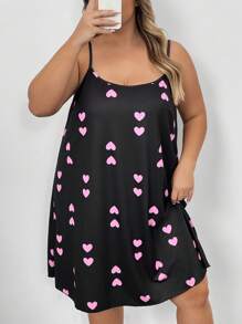SHEIN CURVE+ Camisón de mujer de tallas grandes con estampado de corazón y tirantes finos, atuendos para Día de San Valentín, playa, vacaciones en la playa, graduación, fiesta del té - Multicolor - Ver 9
