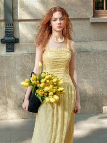 MOTF STUDIO LACE GATHERED FLOWY CAMI DRESS - Yellow - View 7