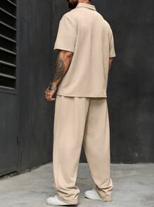 Manfinity Homme Plus Size Men 2pcs Set, Solid Color Short Sleeve Polo Shirt & Pants, Cozy Outfits