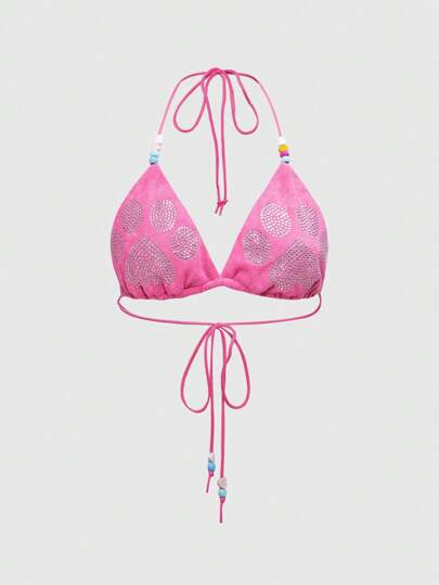 Kawaii Y2K Cute Cat Paw Crystal Stud Lace-Up Beaded Halter Crop Top