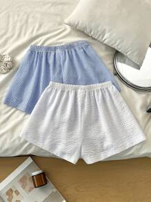 Set de 2 pantalones cortos de dormir informales y cómodos con estampado de rayas y cordón para mujer