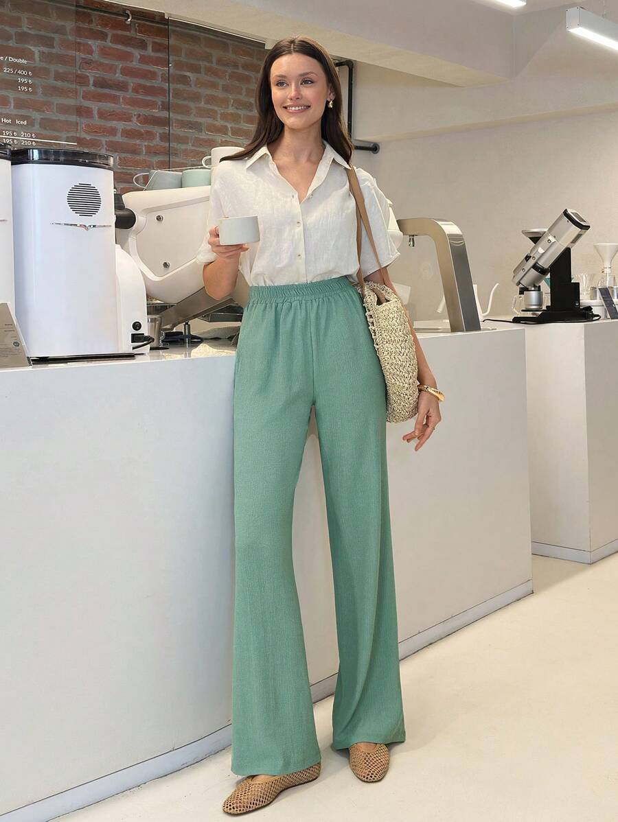 EURMUSE Quần ống đứng lưng thun cotton size cao - Màu xanh Bạc hà - Xem 1