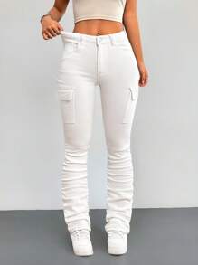 SHEIN PETITE White Women's Jeans Stretch Skinny Flared Pants Cargo Pocket Y2K Summer Jeans - White - View 3