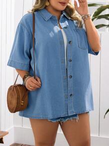 EMERY ROSE Plus Size Summer Casual Holiday Denim Jacket - Light Wash - View 4