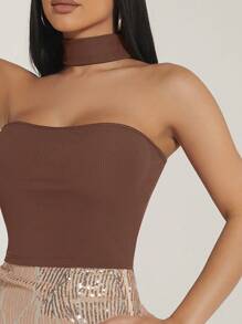 Hauture Top corto halter de punto acanalado de dos formas para el verano - Marrón - Ver 4