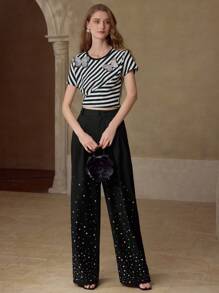 MOTF PREMIUM Schmetterling Applikationen gestreiftes Muster T-Shirt