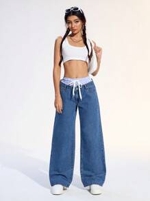 SHEIN EZwear Quần Jeans Ống Rộng Cạp Vá Cho Nữ, Quần Jeans Thẳng Rộng Lưng Thấp Màu Xanh, Quần Jeans Rộng Lưng Giữa, Quần Mùa Hè Cho Nữ, Thập Niên 90, Quần Áo Thường Ngày Y2K - Rửa trung bình - Xem 3